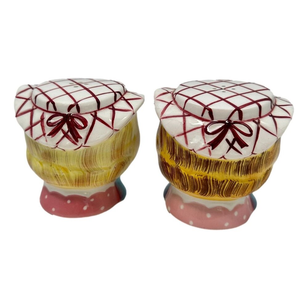 Vintage Salt & Pepper Set Two Girls Plaid Hats Ceramic Japan1950s - Picture 2 of 8